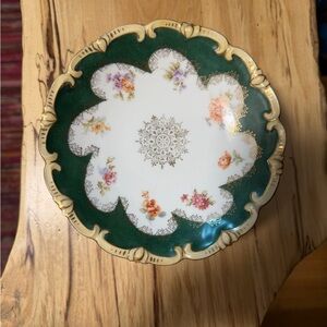 Floral Decorative Plate with Green and Gold Accents